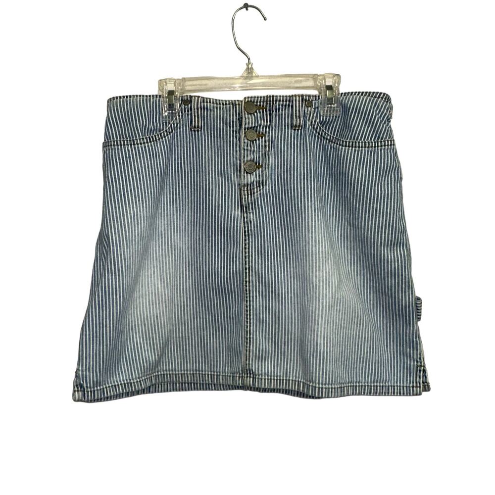 Y2K Stripe Denim Mini Skirt Button Fly Carpenter Style Blue White Size 11
